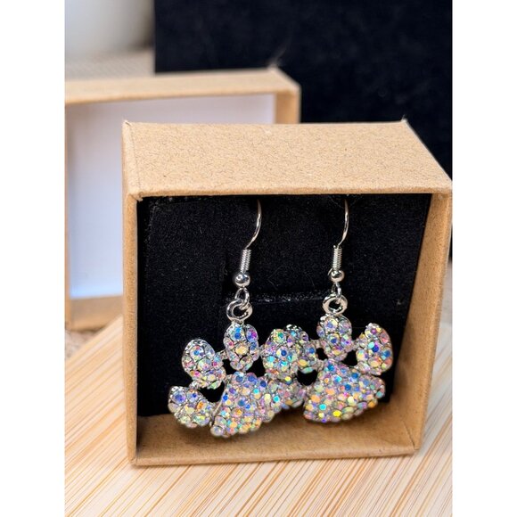 Sparkling Paw Print Dangle Earrings With Rhinestones Silver-Toned Hooks Lightwei - Picture 3 of 7